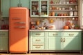 Retro Vibes: Kitchen with Orange and Green Refrigerator, a Retro Delight. Generative AI