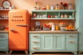 Retro Vibes: Kitchen with Orange and Green Refrigerator, a Retro Delight. Generative AI