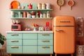 Retro Vibes: Kitchen with Orange and Green Refrigerator, a Retro Delight. Generative AI