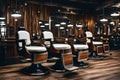 Stylish Vintage Barber Chairs In Wooden Interior. Barbershop Theme