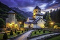 Mystical Night at Moraca Monastery A Historic Serbian Orthodox Landmark in Kolasin Montenegro 2012 Royalty Free Stock Photo