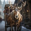 reindeer pulling a wooden cart down a Victorian street,