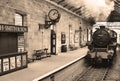 Steam train engine entering Pickering Station on North Yorkshire Moors Railway