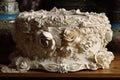 Ai Generative Beautiful wedding cake with floral ornament on the table in vintage style