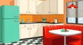Illustration of retro kitchen diner with a turquoise refrigerator, orange tiled backsplash, and red booth seating Royalty Free Stock Photo