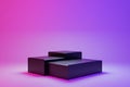 3 step Blank black square podium in dark studio with red and purple LED light  futurlistic concept Royalty Free Stock Photo