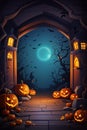 Spooky Halloween Background with Haunted House, Open Doors, Night Sky, and Pumpkins