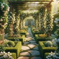 Botanical Wonderland: AI Enhanced Stone Path in White Flower Garden