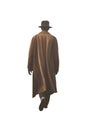 mysterious man walking away and wearing a long coat and fedora hat.