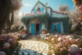 Ai Generative Vintage retro hipster style house with colorful Easter decoration with colorful eggs and flowers in the garden Royalty Free Stock Photo