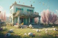 Ai Generative Vintage retro hipster style house with colorful Easter decoration with colorful eggs and flowers in the garden Royalty Free Stock Photo