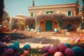 Ai Generative Vintage retro hipster style house with colorful Easter decoration with colorful eggs and flowers in the garden Royalty Free Stock Photo