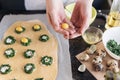 Step by step the chef prepares ravioli with ricotta cheese, yolks quail eggs and spinach with spices. The chef prepares the fillin Royalty Free Stock Photo