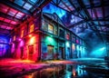 A Haunted Warehouse Beckons in a Dark Abyss Thrilling AI Art Exploration of Spooky Atmosphere and Eerie Decay Royalty Free Stock Photo