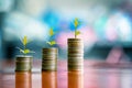 Step of coins stacks with tree growing on top and sandglass.or hourglass, saving and investment or family planning concept. Royalty Free Stock Photo