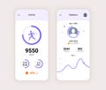 Step counter fitness tracker app design. Walk flat health fit activity vector smart phone watch step counter.