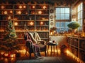 Christmas-themed home library scene. Royalty Free Stock Photo