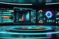 Futuristic digital news studio with holographic data displays and abstract neon lighting creating an immersive tech environment Royalty Free Stock Photo