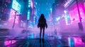 Young futuristic woman in the night city. Cyberpunk concept, futuristic with neon lights. Royalty Free Stock Photo