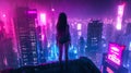 Young futuristic woman in the night city. Cyberpunk concept, futuristic with neon lights. Royalty Free Stock Photo