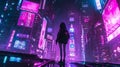 Young futuristic woman in the night city. Cyberpunk concept, futuristic with neon lights. Royalty Free Stock Photo