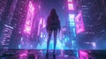 Young futuristic woman in the night city. Cyberpunk concept, futuristic with neon lights. Royalty Free Stock Photo