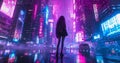 Young futuristic woman in the night city. Cyberpunk concept, futuristic with neon lights. Royalty Free Stock Photo