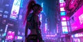 Young futuristic woman in the night city. Cyberpunk concept, futuristic with neon lights. Royalty Free Stock Photo