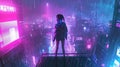 Young futuristic woman in the night city. Cyberpunk concept, futuristic with neon lights. Royalty Free Stock Photo