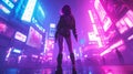 Young futuristic woman in the night city. Cyberpunk concept, futuristic with neon lights. Royalty Free Stock Photo