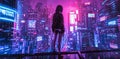 Young futuristic woman in the night city. Cyberpunk concept, futuristic with neon lights. Royalty Free Stock Photo