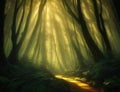Mysterious dark forest with a path leading to the light in the fog Royalty Free Stock Photo