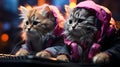 Two Gaming Cats with Pink Hoodies and Gaming Headsets at Computer Desk AI Generated