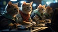 Tech Whiskers: Four Cats Coding and Programming in Open Space Office AI Generated