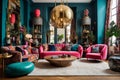 Contemporary Maximalist Lounge Interior, Eclectic