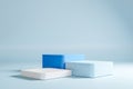 3 step of empty blue cube podium on blue background