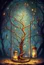 Enchanting Forest with Illuminated Jars and Alchemical Symbols on Bare Branches. AI generated