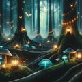 Enchanting Night in the Glowing Forest: Fireflies and Lanterns