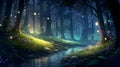 Whimsical Illustration of Hidden Forest Glade with Glowing Fireflies. Generative Ai