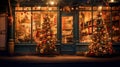 Vintage Christmas Toy Storefront with Festive Decorations, Lights, and Bokeh.