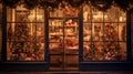 Vintage Christmas Toy Storefront with Festive Decorations, Lights, and Bokeh.