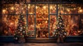 Vintage Christmas Toy Storefront with Festive Decorations, Lights, and Bokeh.