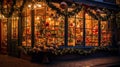 Vintage Christmas Toy Storefront with Festive Decorations, Lights, and Bokeh.