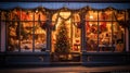 Vintage Christmas Toy Storefront with Festive Decorations, Lights, and Bokeh.