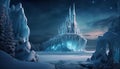 Frozen Fairytale: Whimsical Ice Castle, Starlit Splendor, and Enchanting Reindeer Sleigh Glide Royalty Free Stock Photo