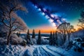 Hypermaximalist snows-cape with vibrant stars and the Milky Way Royalty Free Stock Photo