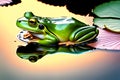 Cute green frog perched on a lily-pad at sunrise. ethereal ambiance of a new day