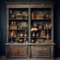 Weathered vintage wooden bookcase filled with antique artifacts