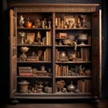 Weathered vintage wooden bookcase filled with antique artifacts