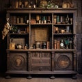 Weathered vintage wooden bookcase filled with antique artifacts